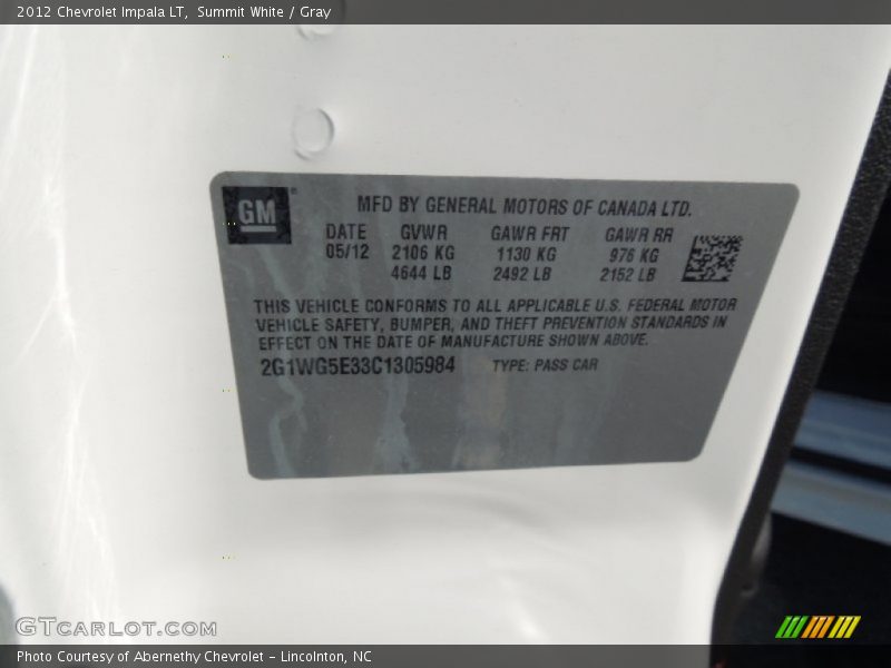 Summit White / Gray 2012 Chevrolet Impala LT