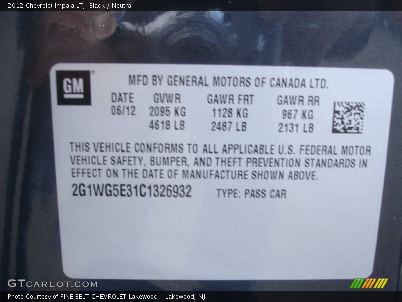 Black / Neutral 2012 Chevrolet Impala LT