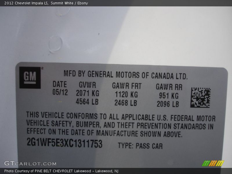 Summit White / Ebony 2012 Chevrolet Impala LS