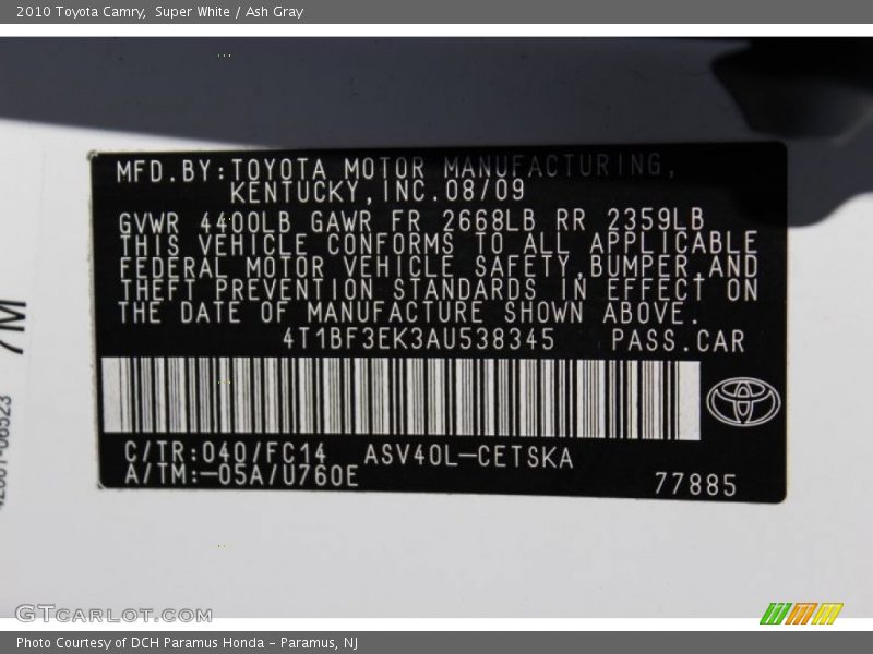 2010 Camry  Super White Color Code 040