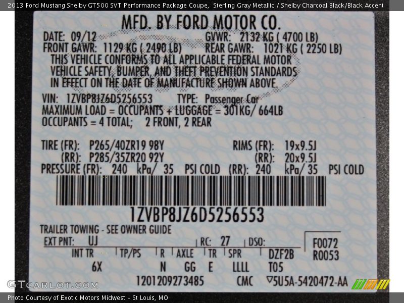 2013 Mustang Shelby GT500 SVT Performance Package Coupe Sterling Gray Metallic Color Code UJ