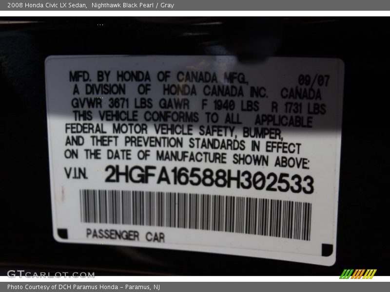 Nighthawk Black Pearl / Gray 2008 Honda Civic LX Sedan
