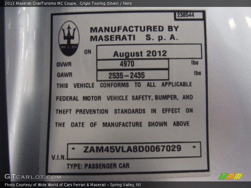Grigio Touring (Silver) / Nero 2013 Maserati GranTurismo MC Coupe