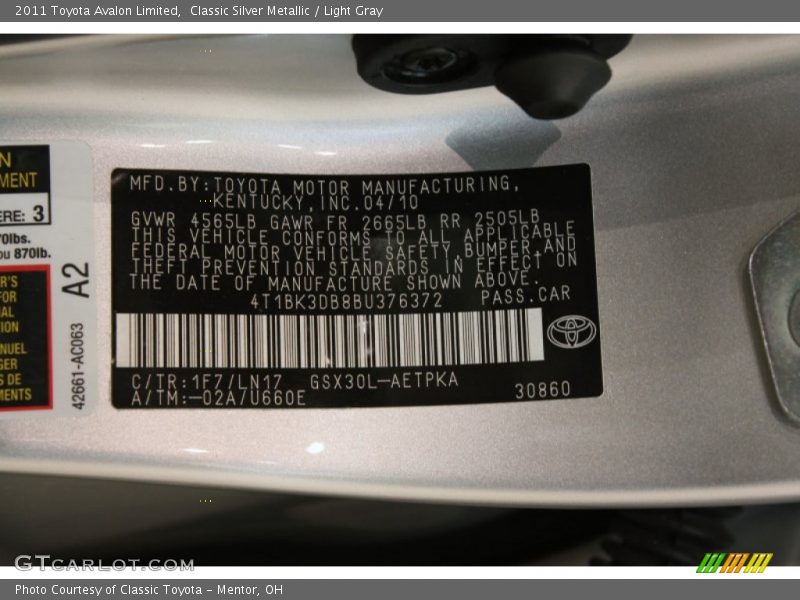 Classic Silver Metallic / Light Gray 2011 Toyota Avalon Limited