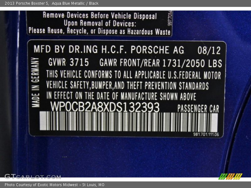 Aqua Blue Metallic / Black 2013 Porsche Boxster S