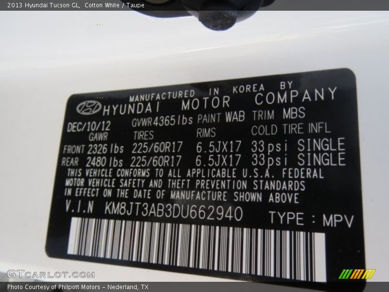 2013 Tucson GL Cotton White Color Code WAB