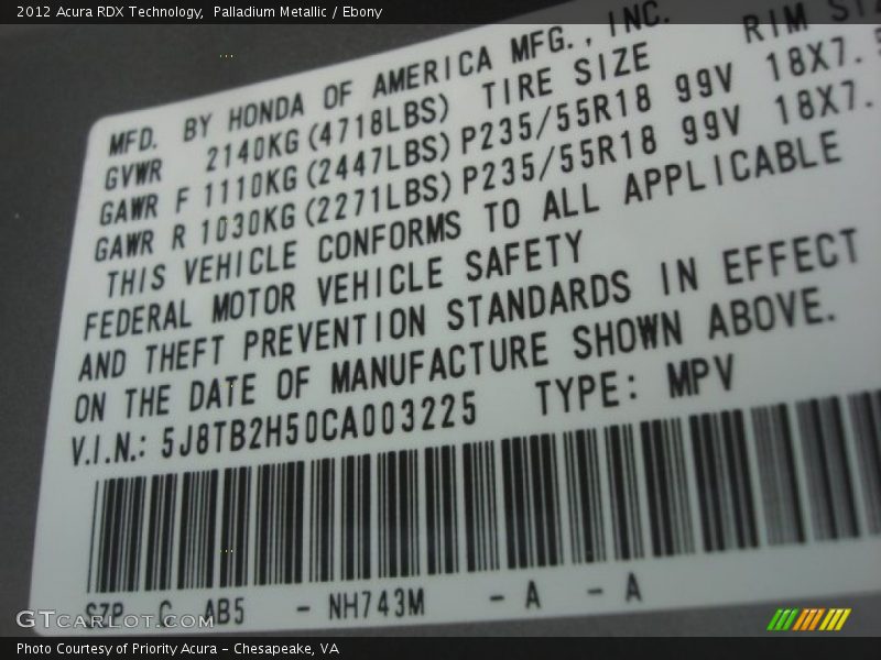 2012 RDX Technology Palladium Metallic Color Code NH743M