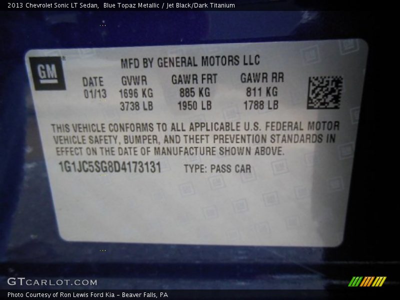 Blue Topaz Metallic / Jet Black/Dark Titanium 2013 Chevrolet Sonic LT Sedan