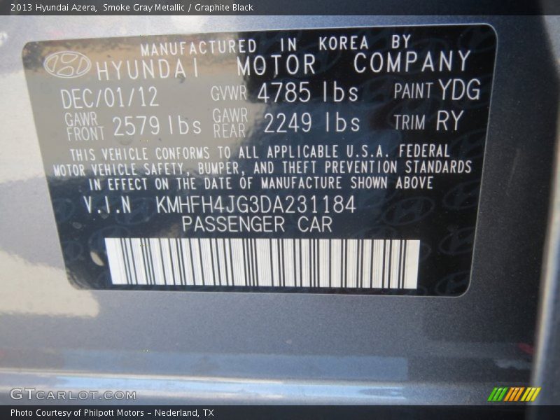 Smoke Gray Metallic / Graphite Black 2013 Hyundai Azera