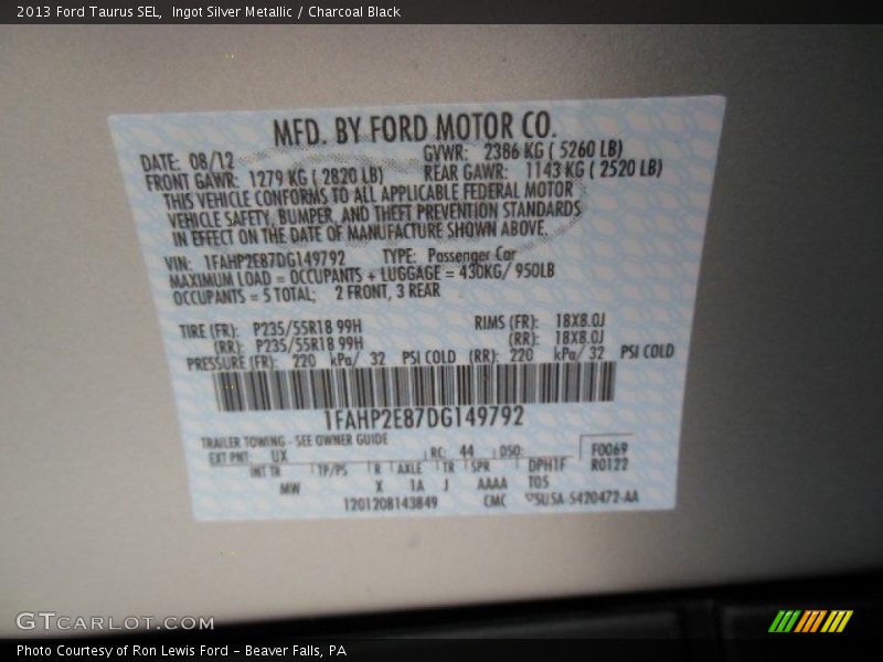 Ingot Silver Metallic / Charcoal Black 2013 Ford Taurus SEL