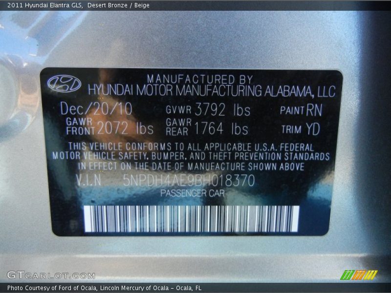 Desert Bronze / Beige 2011 Hyundai Elantra GLS