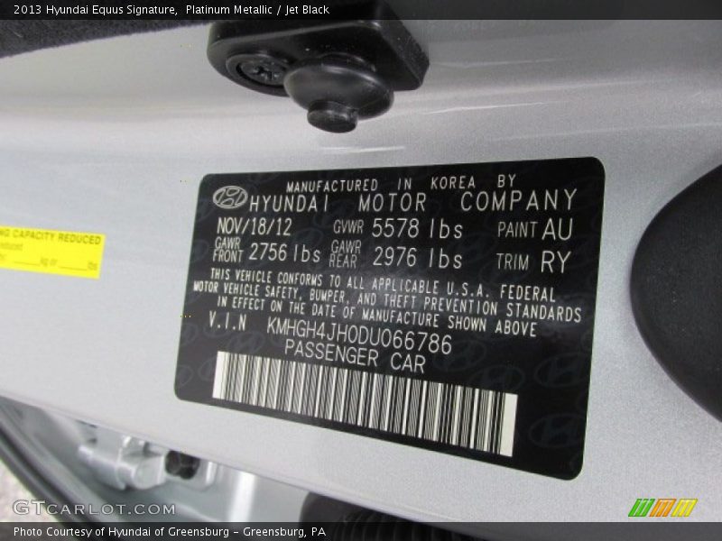 2013 Equus Signature Platinum Metallic Color Code AU