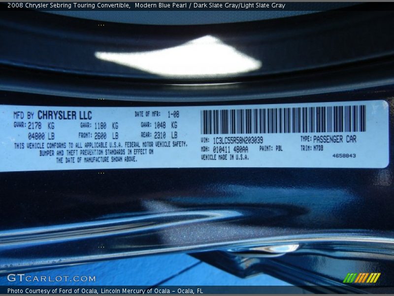 Modern Blue Pearl / Dark Slate Gray/Light Slate Gray 2008 Chrysler Sebring Touring Convertible