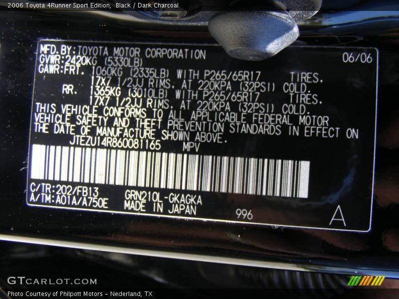 Black / Dark Charcoal 2006 Toyota 4Runner Sport Edition