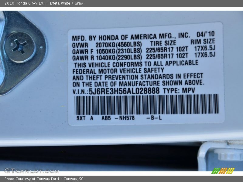Taffeta White / Gray 2010 Honda CR-V EX