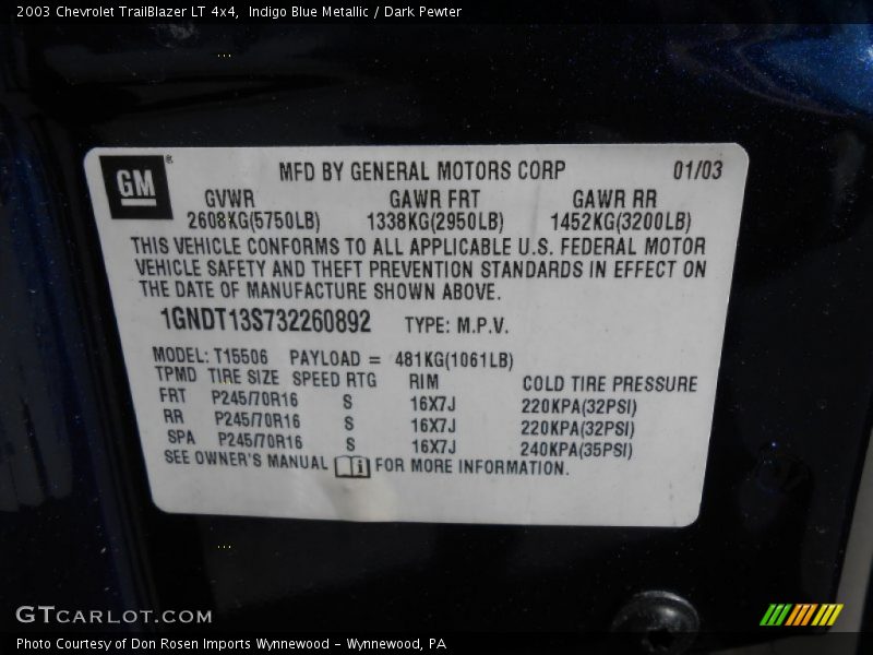 Indigo Blue Metallic / Dark Pewter 2003 Chevrolet TrailBlazer LT 4x4