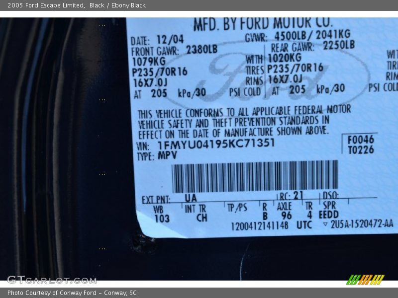 Black / Ebony Black 2005 Ford Escape Limited