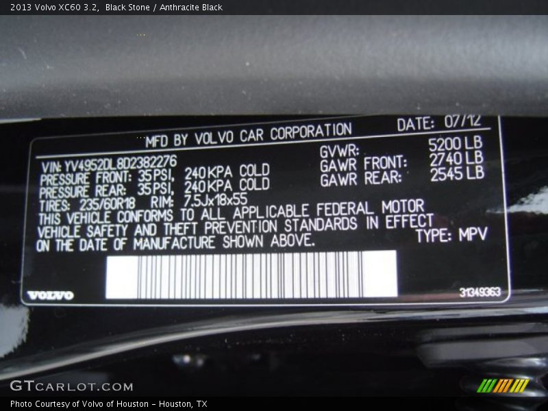 Black Stone / Anthracite Black 2013 Volvo XC60 3.2