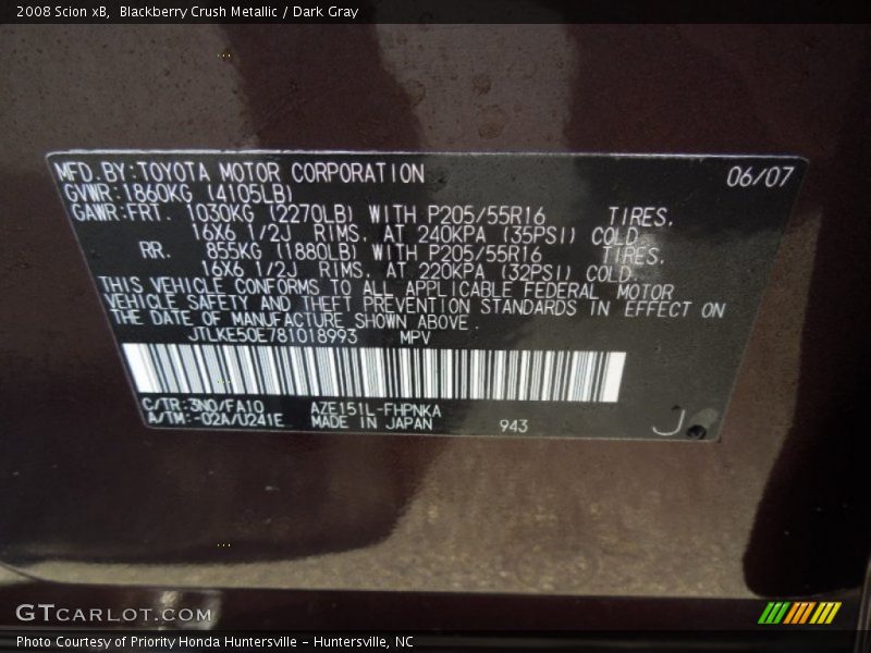 Blackberry Crush Metallic / Dark Gray 2008 Scion xB