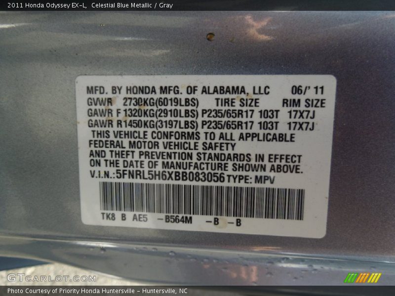 Celestial Blue Metallic / Gray 2011 Honda Odyssey EX-L