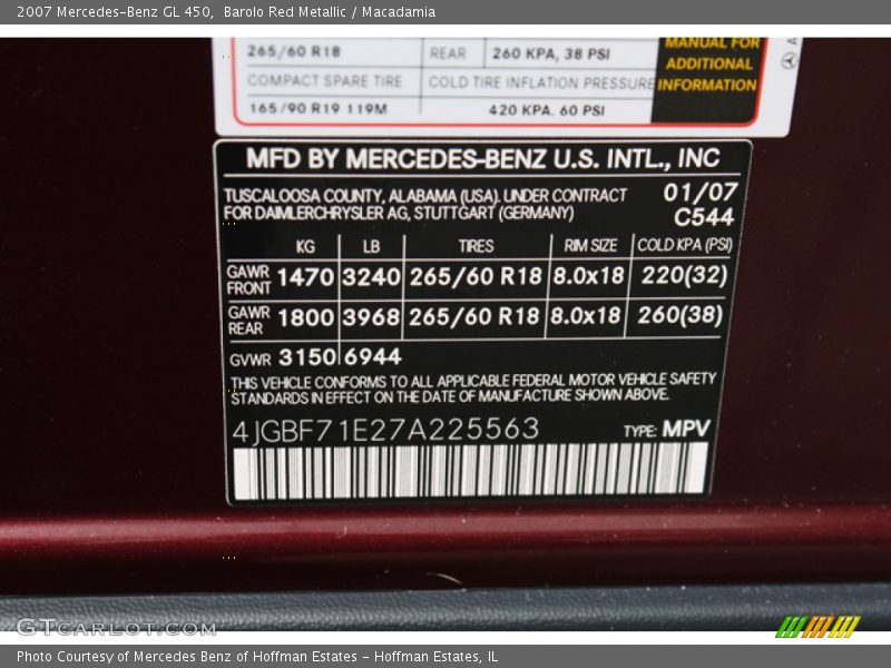 2007 GL 450 Barolo Red Metallic Color Code 544