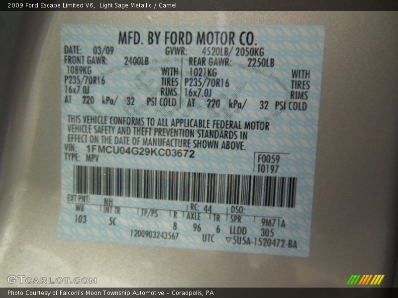 Light Sage Metallic / Camel 2009 Ford Escape Limited V6