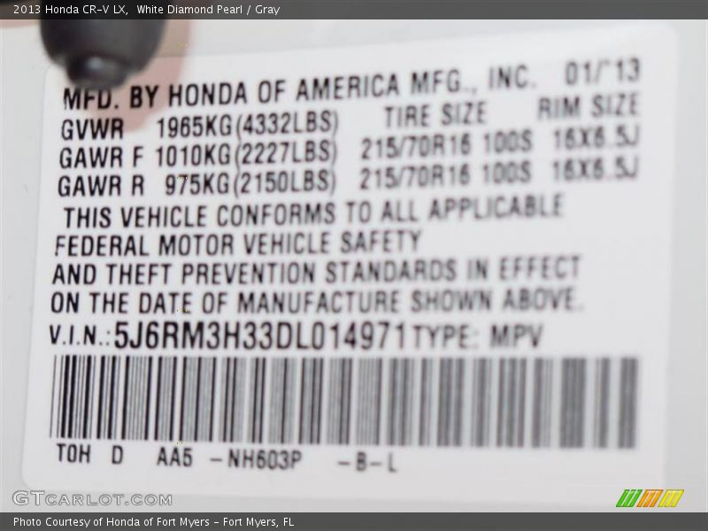 White Diamond Pearl / Gray 2013 Honda CR-V LX