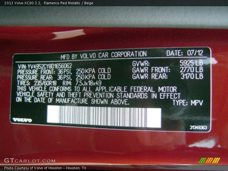 Flamenco Red Metallic / Beige 2013 Volvo XC90 3.2