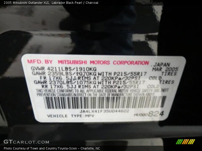 Info Tag of 2005 Outlander XLS