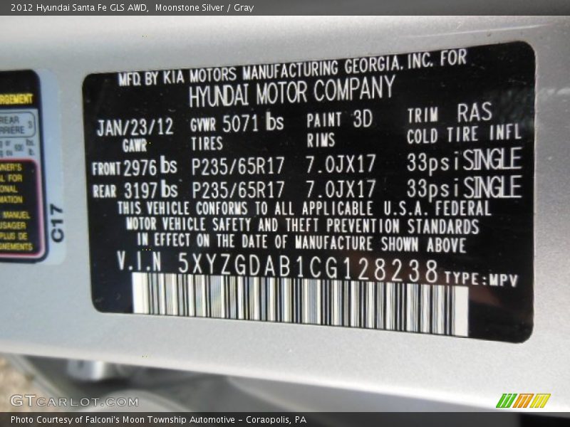 Moonstone Silver / Gray 2012 Hyundai Santa Fe GLS AWD