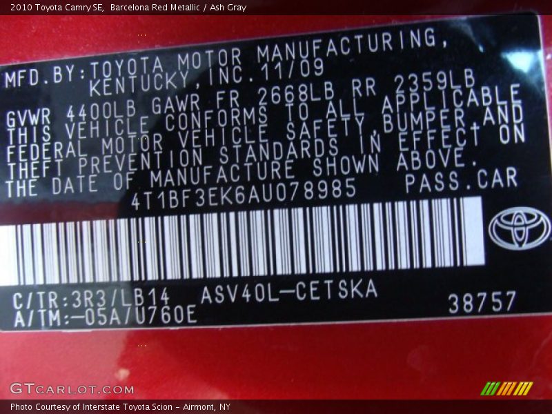 Barcelona Red Metallic / Ash Gray 2010 Toyota Camry SE
