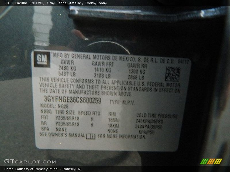 Gray Flannel Metallic / Ebony/Ebony 2012 Cadillac SRX FWD