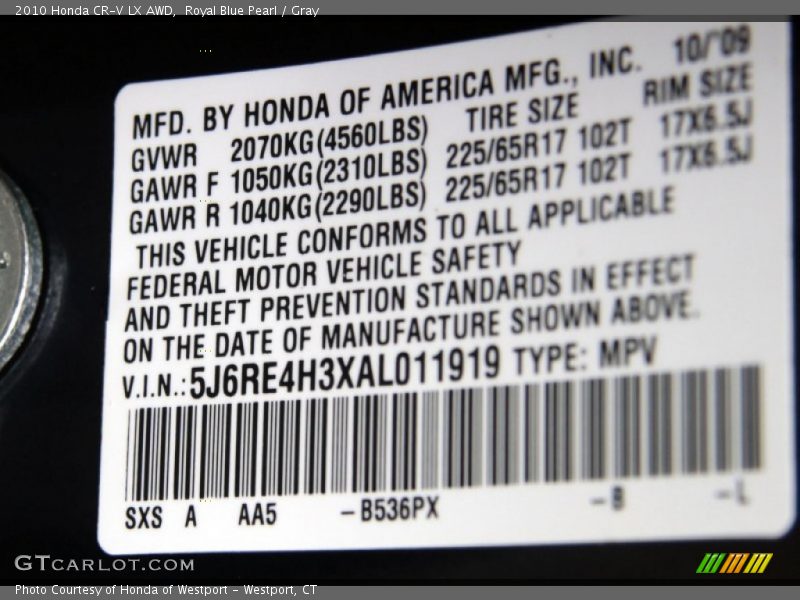 Royal Blue Pearl / Gray 2010 Honda CR-V LX AWD