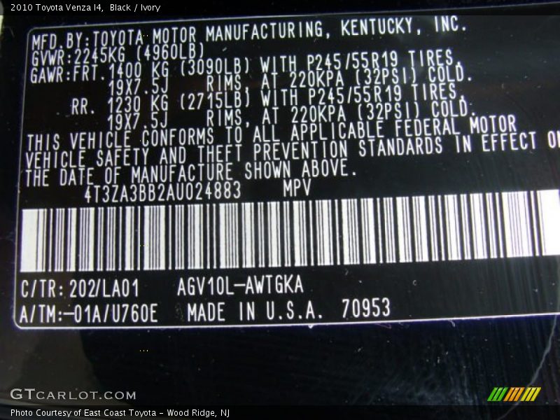 Black / Ivory 2010 Toyota Venza I4
