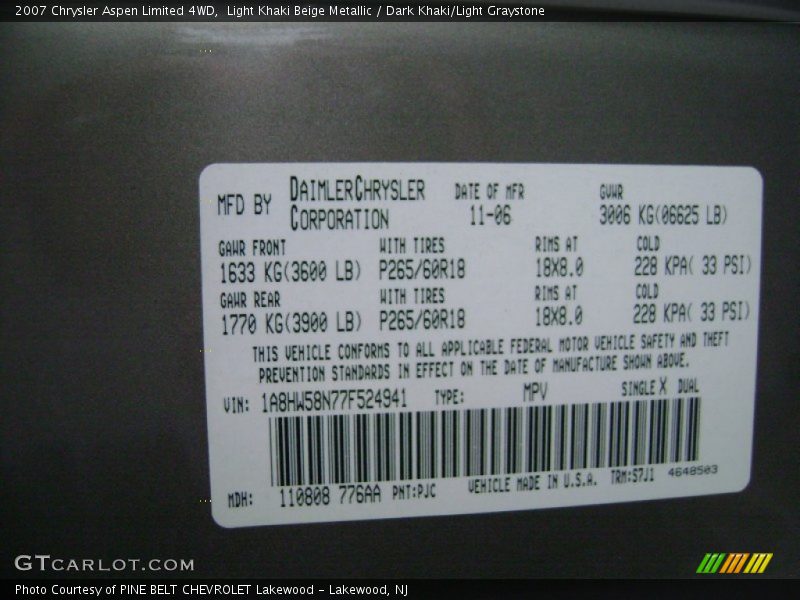 Light Khaki Beige Metallic / Dark Khaki/Light Graystone 2007 Chrysler Aspen Limited 4WD
