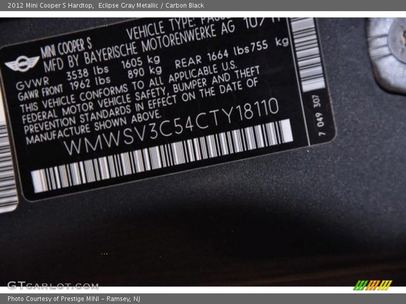 Eclipse Gray Metallic / Carbon Black 2012 Mini Cooper S Hardtop