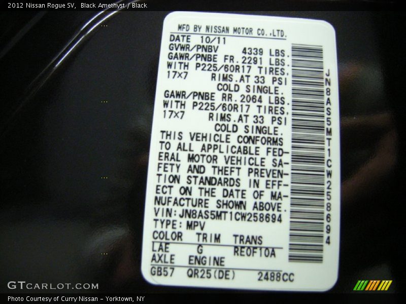 2012 Rogue SV Black Amethyst Color Code LAE