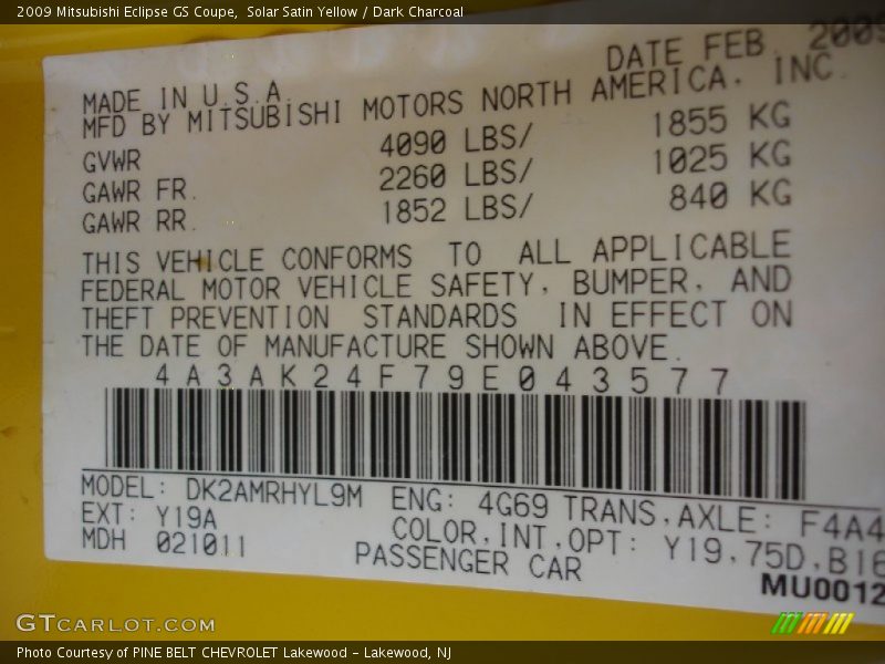 Solar Satin Yellow / Dark Charcoal 2009 Mitsubishi Eclipse GS Coupe
