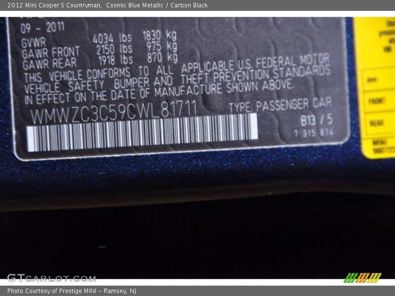 Cosmic Blue Metallic / Carbon Black 2012 Mini Cooper S Countryman