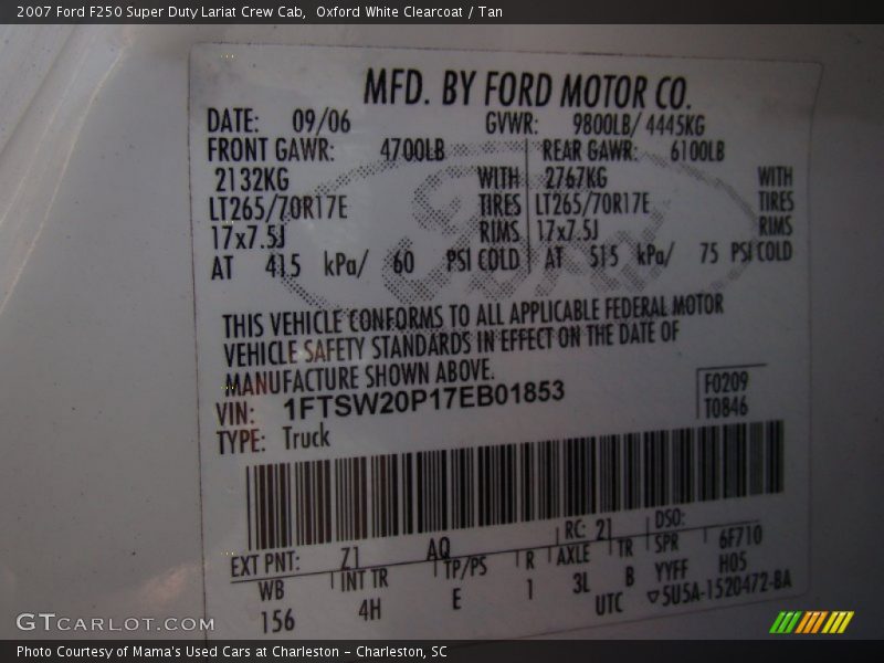 Oxford White Clearcoat / Tan 2007 Ford F250 Super Duty Lariat Crew Cab