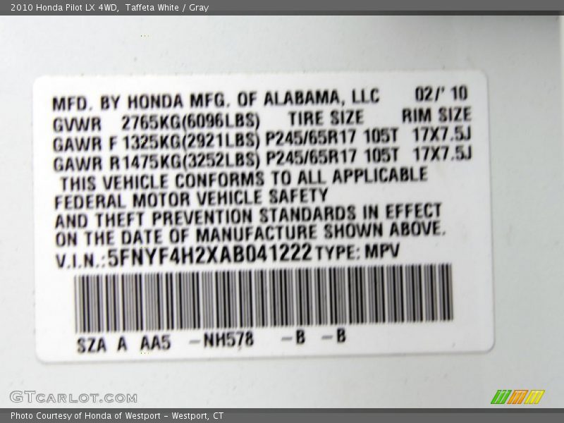 Taffeta White / Gray 2010 Honda Pilot LX 4WD