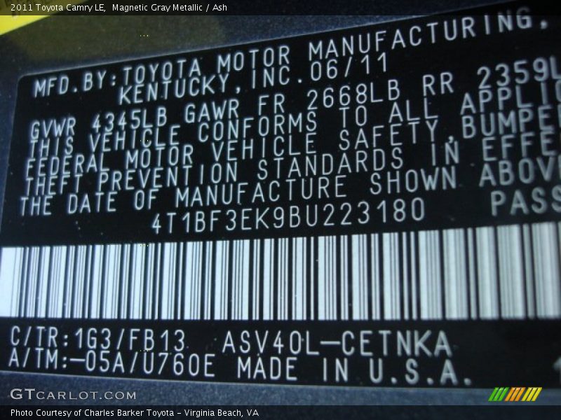 Magnetic Gray Metallic / Ash 2011 Toyota Camry LE