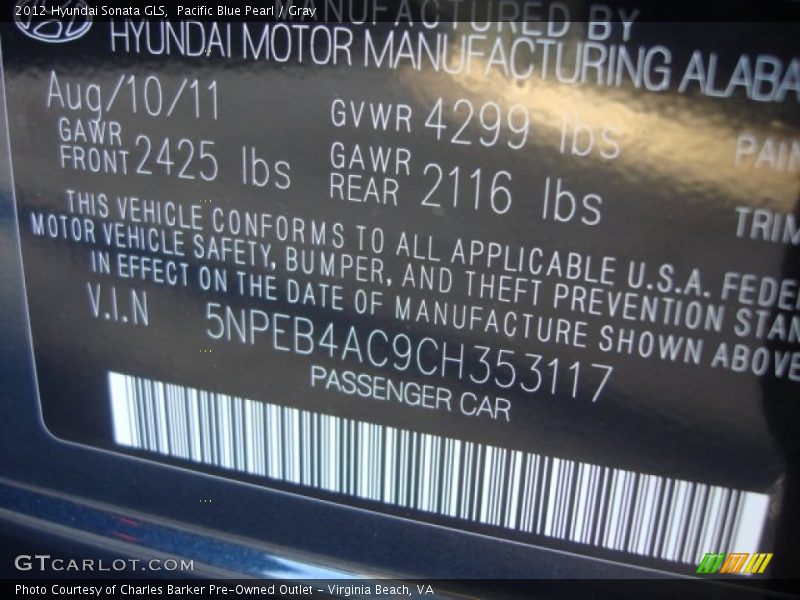 Pacific Blue Pearl / Gray 2012 Hyundai Sonata GLS