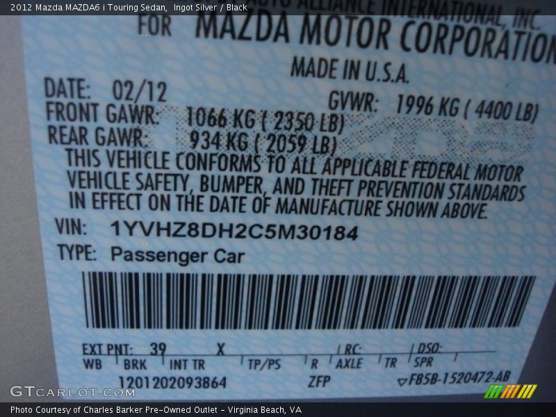 Ingot Silver / Black 2012 Mazda MAZDA6 i Touring Sedan