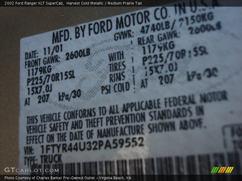 Harvest Gold Metallic / Medium Prairie Tan 2002 Ford Ranger XLT SuperCab