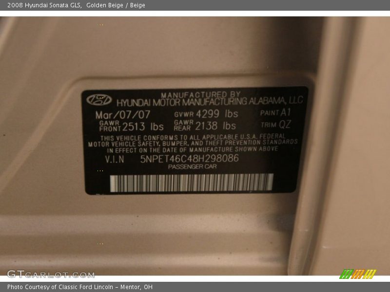 Golden Beige / Beige 2008 Hyundai Sonata GLS