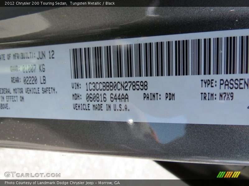 Tungsten Metallic / Black 2012 Chrysler 200 Touring Sedan
