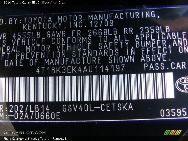 Black / Ash Gray 2010 Toyota Camry SE V6