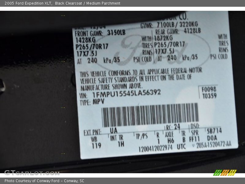 2005 Expedition XLT Black Clearcoat Color Code UA