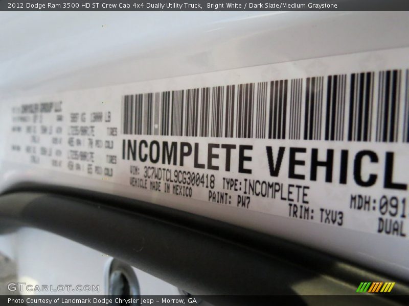 Bright White / Dark Slate/Medium Graystone 2012 Dodge Ram 3500 HD ST Crew Cab 4x4 Dually Utility Truck